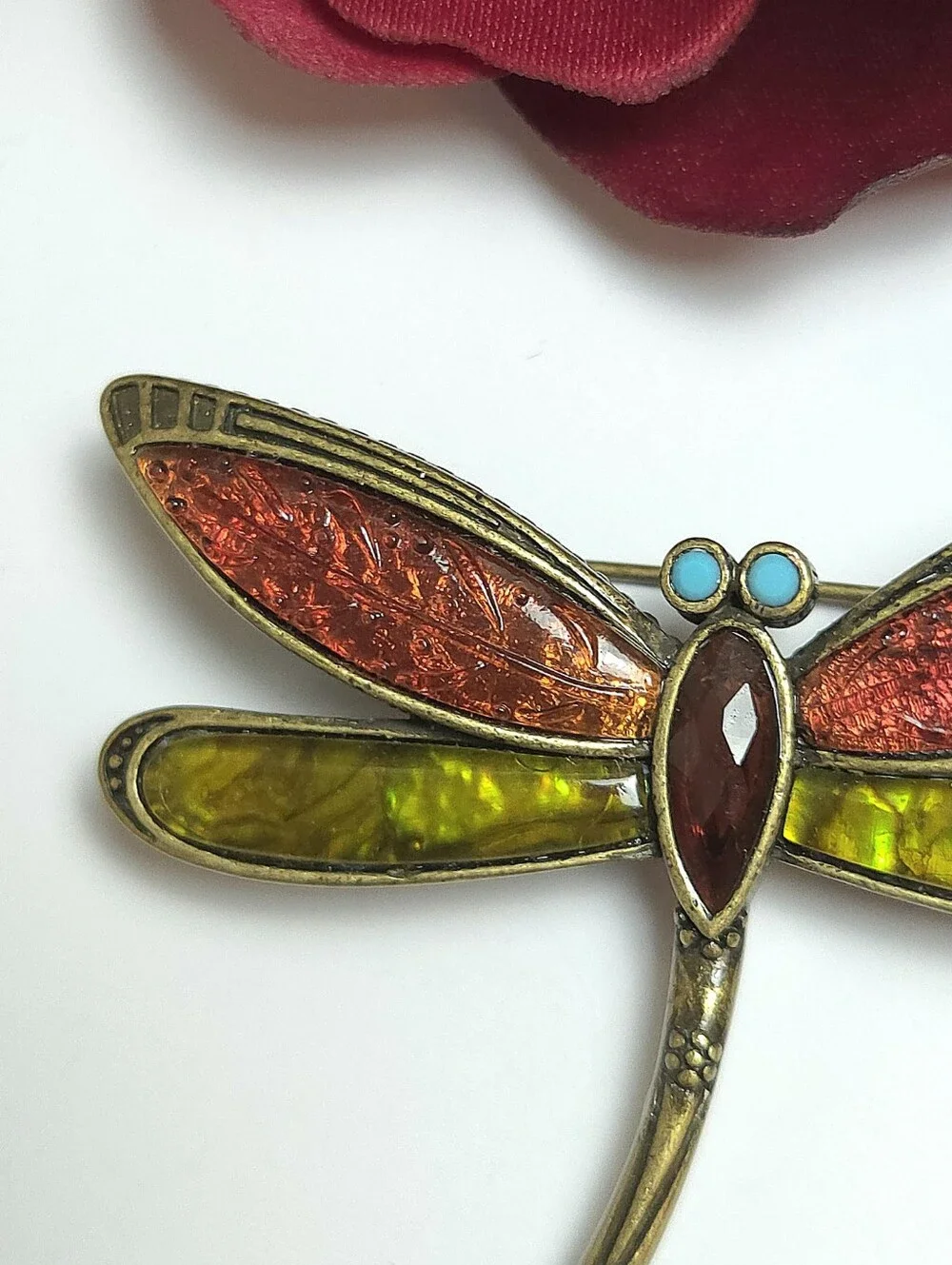 Vintage Liz Claiborne Red Lucite & Abalone Dragon Fly Brooch Antiqued Gold